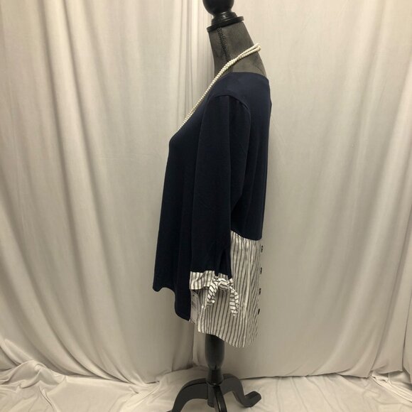 AB Studio Top Womens Size Medium Navy Blue White Stripe Layered Look Shirt NEW - Picture 3 of 6